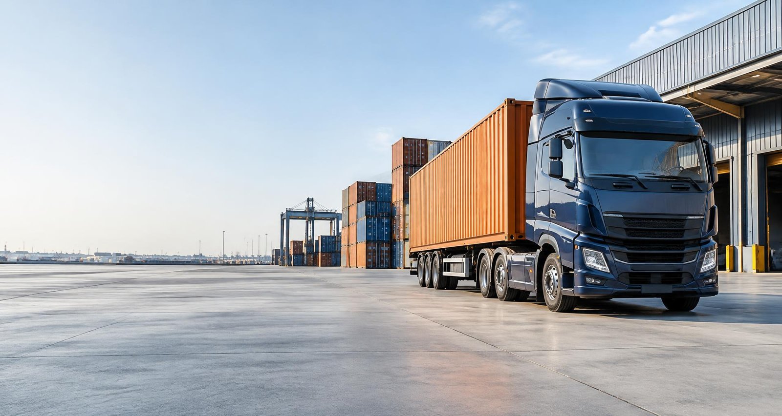 Freight truck and cargo containers at a modern logistics terminal