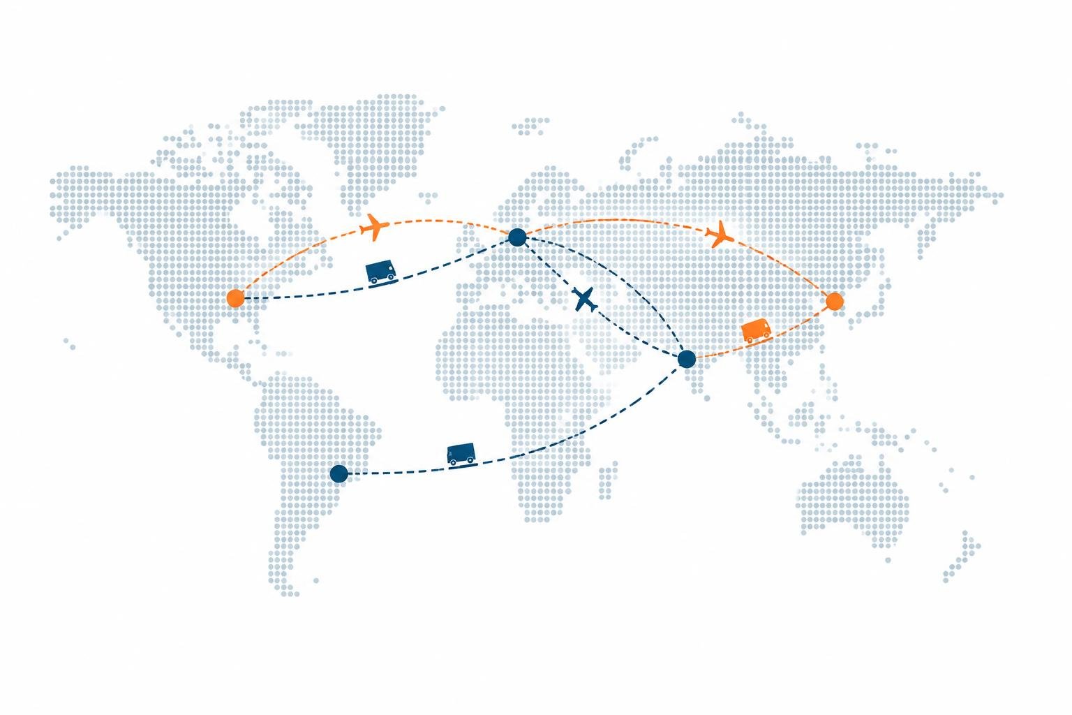 Illustrative worldwide logistics network connecting road, air and sea shipments